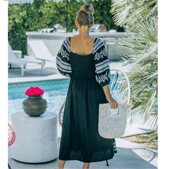 Strut & Bolt Boho Peasant Black Embroidered Linen Blend Midi Dress, Size S - Picture 5 of 16